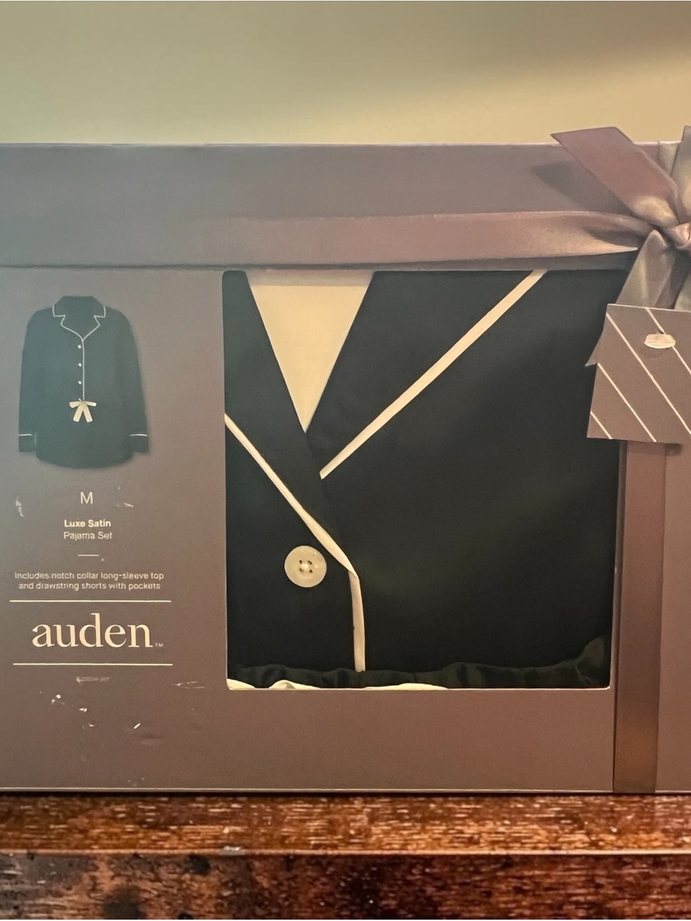 Auden Black Satin Pajama Set with Cream Piping